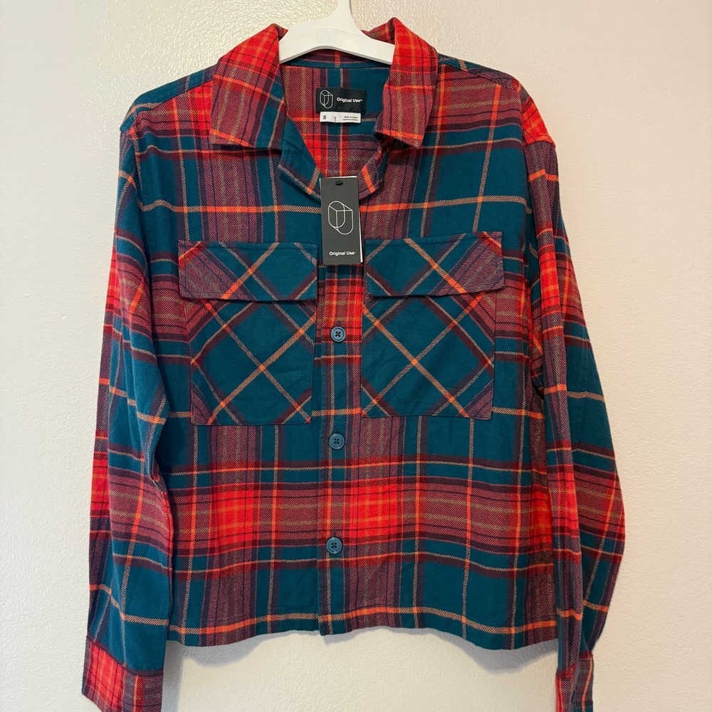 Original Use Mens Boxy Flannel Shirt Teal Red Plaid Drop Shoulder Small